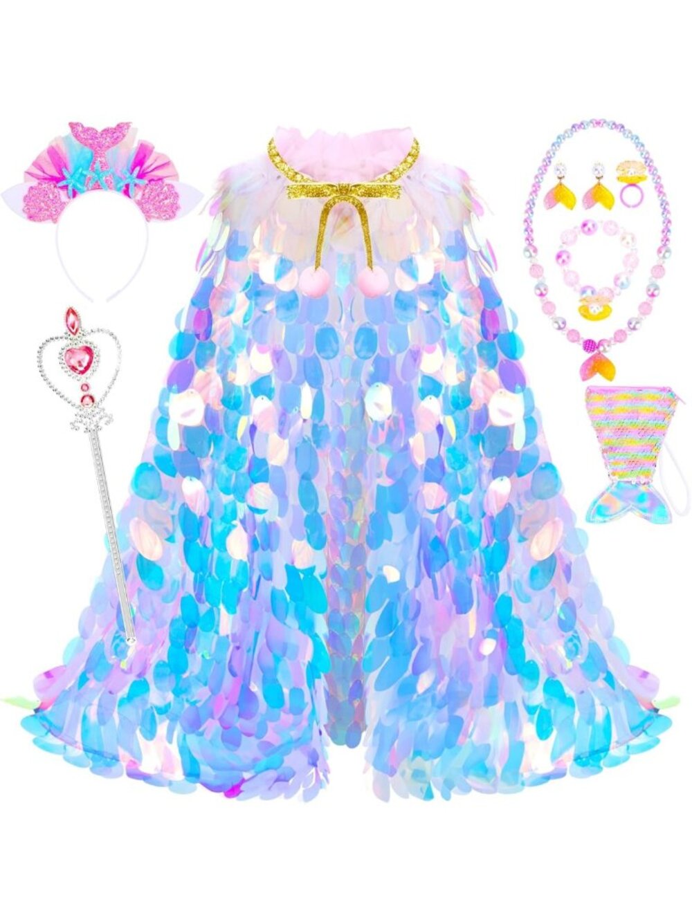 Rainbow Mermaid Cape & Princess Dress Up Set - 9 Pcs Costume Kit for Girls 3-8